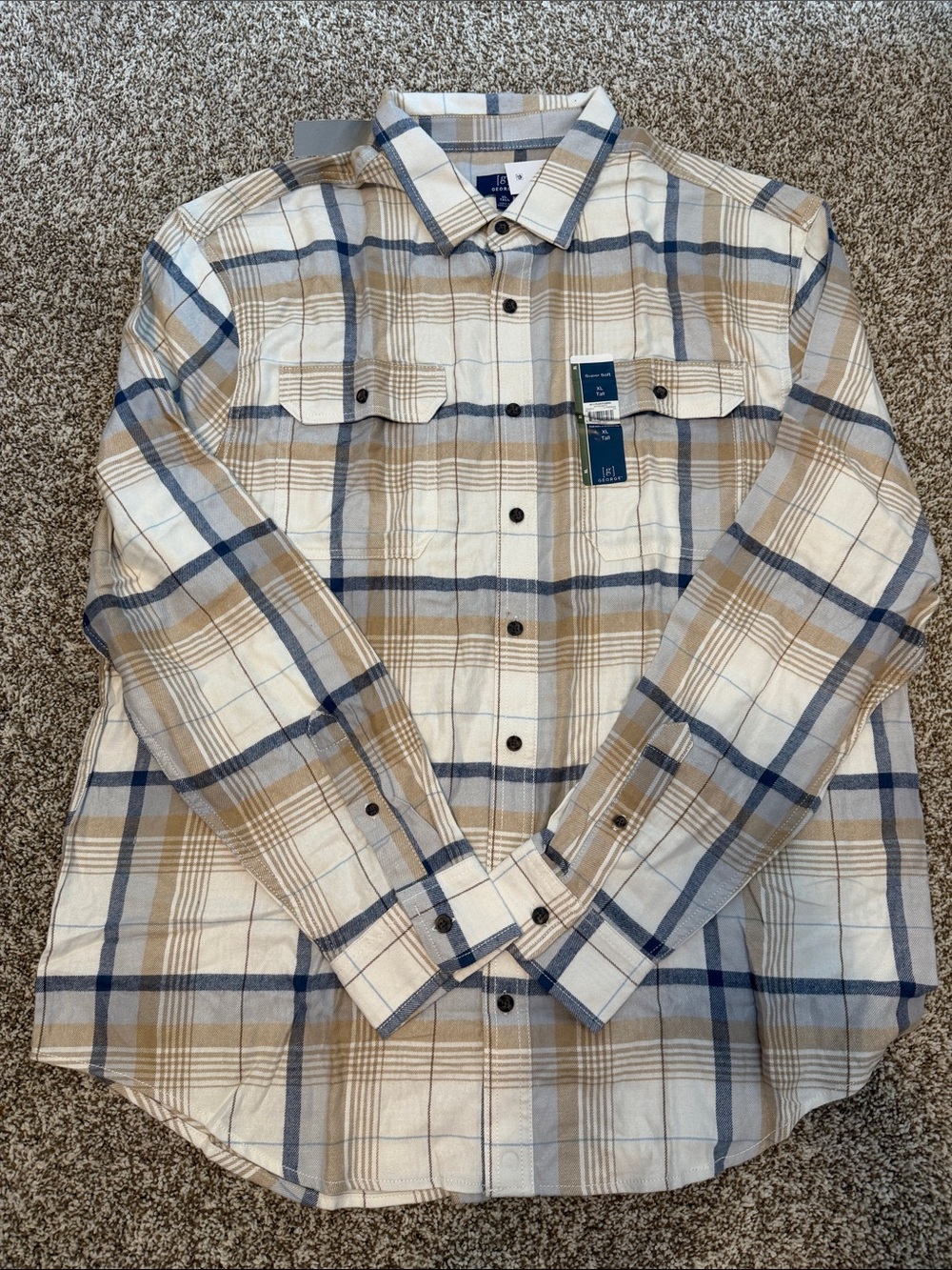 George Men's Plaid Button-Down Shirt in Cream, Tan & Blue